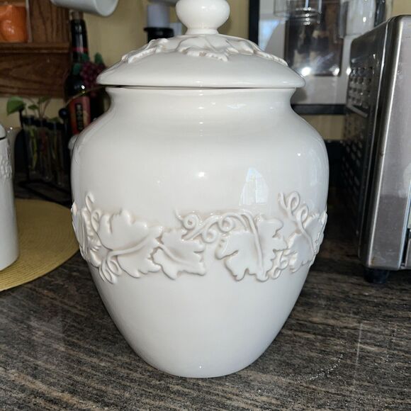 Inspirado Vintage Inspired  Lidded Cookie GingerJar Grape Vine Pattern Off White - Picture 1 of 5